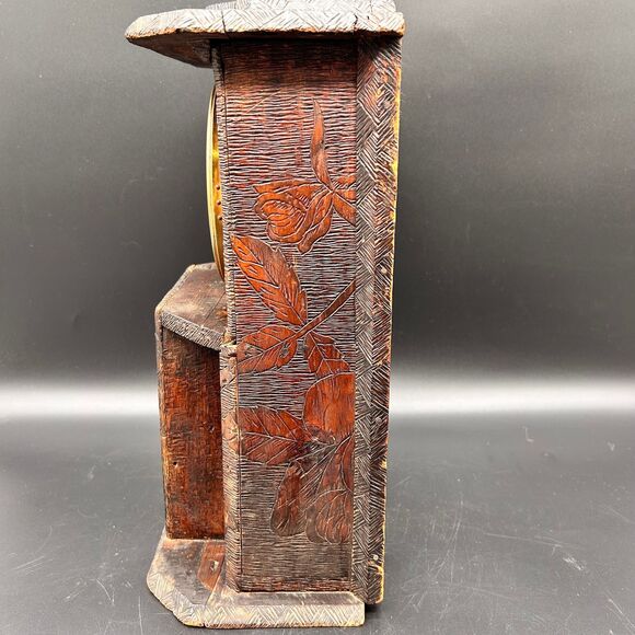 Antique clock Pyrography Wood Burned Carved Wood clock roses - Picture 7 of 10